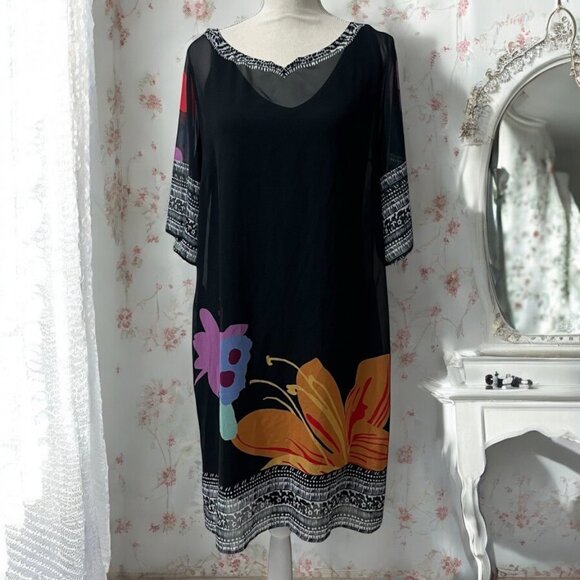 Soft Surroundings Floral Hibiscus Black Shift Dress & Slip‎ Size Medium - Picture 2 of 11
